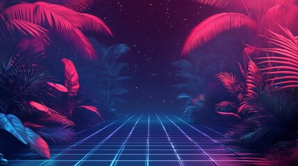 Vibrant pink blue neon lights illuminate lush tropical foliage framing a retro grid pathway. AI Generated