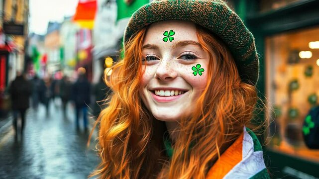 Happy Woman Celebrating St. Patrick's Day Outdoors

