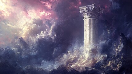 Fototapeta premium Majestic column rises dramatically through swirling purple clouds bathed in ethereal light. AI Generated