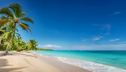 Fototapeta premium tropical seashore with palm bushes golden sand clean blue water and mild waves beneath a vibrant sunny sky