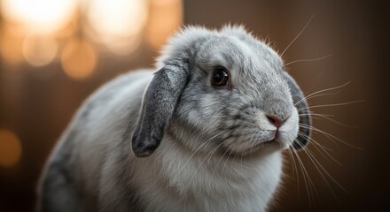 Adorable Grey Lop Eared Rabbit Portrait Fluffy Pet Close Up