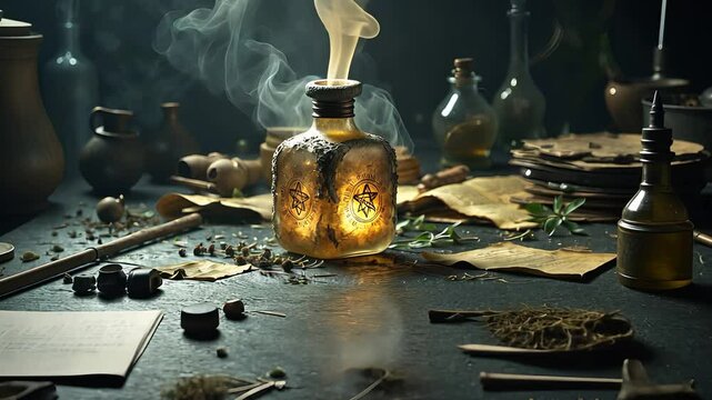 Ancient glass potion bottle emitting smoke on rustic table surrounded by herbs, scrolls, and alchemy ingredients

