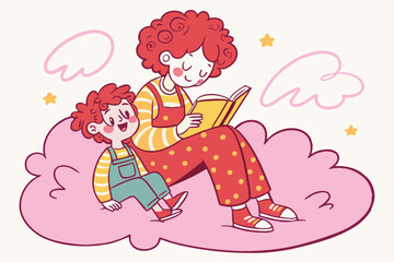 27 Whimsical illustration, mother and child reading together, sitting on pink cloud, curly red hair, colorful clothes, storybook, nurturing moment, children's book style, soft pastel colors, floating 