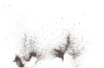 Black dried leave Tea explode. Small Fine size tea leaf flying explosion, Abstract cloud fly. Brown colored Teas splash throwing in Air. White background Isolated high speed shutter, throwing freeze
