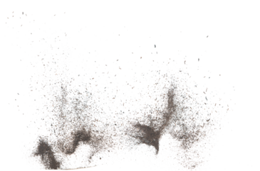 Black dried leave Tea explode. Small Fine size tea leaf flying explosion, Abstract cloud fly. Brown colored Teas splash throwing in Air. White background Isolated high speed shutter, throwing freeze