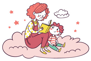 27 Whimsical illustration, mother and child reading together, sitting on pink cloud, curly red hair, colorful clothes, storybook, nurturing moment, children's book style, soft pastel colors, floating 