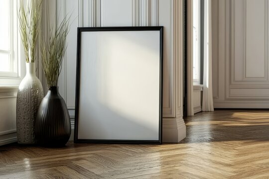 Square poster frame mockup displayed on a wooden floor.