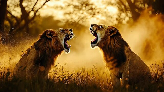Lions roar in the golden glow of sunset during a dramatic encounter in the savanna
