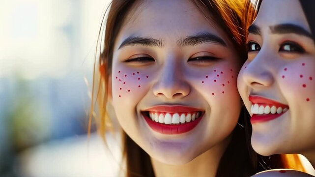 Two Women Smiling with Makeup Spots 