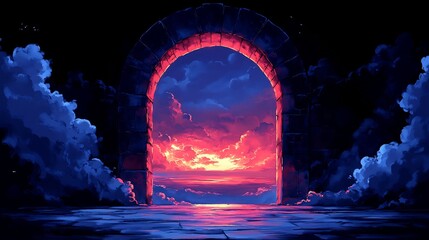 Glowing archway reveals vibrant sunset sky Dramatic composition rich deep blues reds. AI Generated