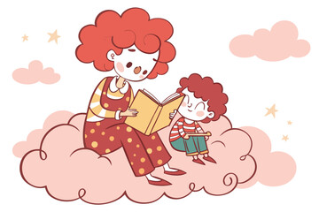 27 Whimsical illustration, mother and child reading together, sitting on pink cloud, curly red hair, colorful clothes, storybook, nurturing moment, children's book style, soft pastel colors, floating 