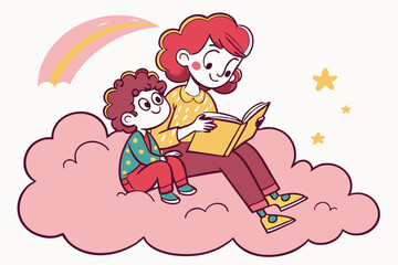 27 Whimsical illustration, mother and child reading together, sitting on pink cloud, curly red hair, colorful clothes, storybook, nurturing moment, children's book style, soft pastel colors, floating 