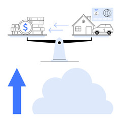Coins and assets balanced on a scale, showing investment decision-making. Arrow and cloud indicate growth, choices, balance. Ideal for finance, investment, economy, trade real estate growth