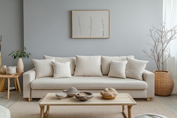 A minimalist living room with pale gray walls, a light beige sofa, and subtle wood accents on a coffee table