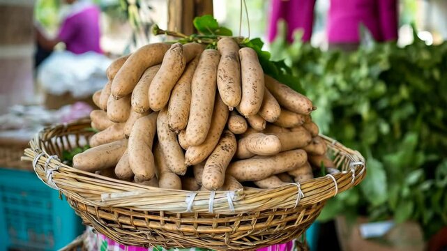Tuberous yacon roots displayed in a woven basket at a vibrant market in the early afternoon