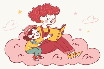 27 Whimsical illustration, mother and child reading together, sitting on pink cloud, curly red hair, colorful clothes, storybook, nurturing moment, children's book style, soft pastel colors, floating 