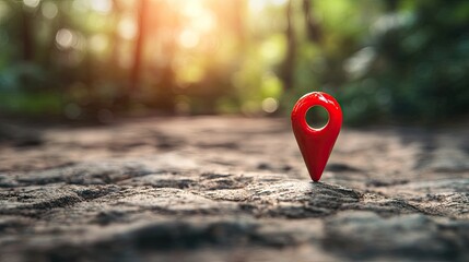 Red Location Pin on Forest Floor with Natural Green Background
