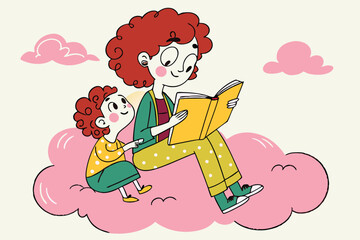 27 Whimsical illustration, mother and child reading together, sitting on pink cloud, curly red hair, colorful clothes, storybook, nurturing moment, children's book style, soft pastel colors, floating 