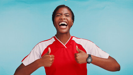 Sports, athlete and black woman with thumbs up for match, game and tournament approval. Fitness,...
