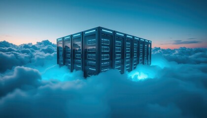 Futuristic floating data center on soft clouds, illuminated by glowing server racks in a high-tech environment