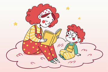 27 Whimsical illustration, mother and child reading together, sitting on pink cloud, curly red hair, colorful clothes, storybook, nurturing moment, children's book style, soft pastel colors, floating 