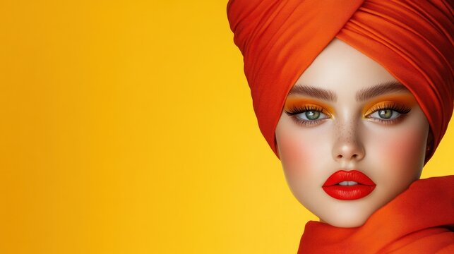 Vibrant Orange Fashion Portrait: A Stunning Model in a Turban