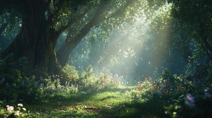 Obraz premium Beautiful forest with sunlight and green trees nature landscape woodland.