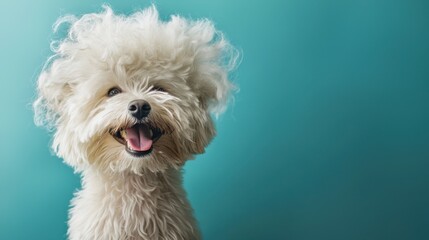 Dog in a wig made of it's own undercoat, smiling portrait on a blue background. Shedding season.