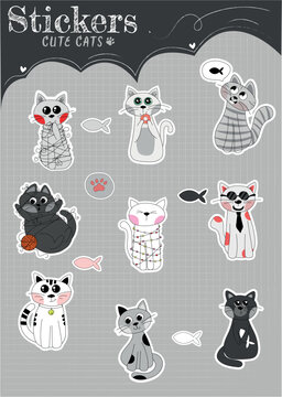 Cute Cats Sticker Set On grau Background Made A Adob Illustrator