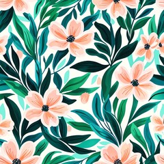 Peach Blossoms and Teal Leaves: A Vibrant Floral Pattern