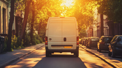 Obraz premium Delivery Van Parked Along Urban Street with Bright Sunlight and Tree Shadows in an Asphalt Road Scene