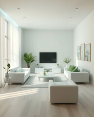 Fototapeta premium minimalist living room interior mockup, modern furniture and greenly decorative, white sofa and armchair, created by generative ai