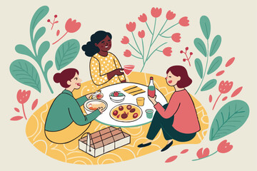 28 Colorful illustration, women gathering, table with food and drinks, friendship, community, floral background, vibrant colors, whimsical style, hand-drawn aesthetic, casual atmosphere, diverse chara