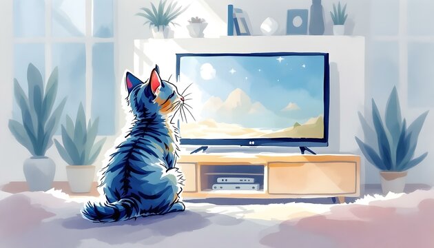 Blue cartoon tabby cat watches a television in a brightly lit living room setting.