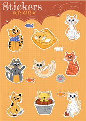 Cute Cats Sticker Set On Yellow Background Made A Adob Illustrator