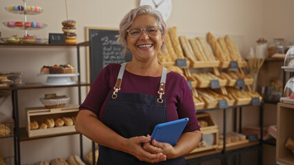 Elderly woman smiling in a bakery indoor, surrounded by fresh bread and pastries, holding a blue tablet, wearing glasses and an apron, creating a warm, welcoming atmosphere.