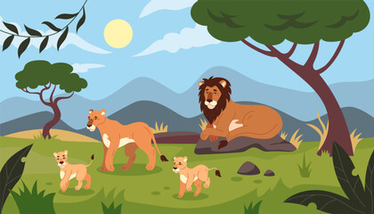 Lion in landscape Africa. Family resting feline. Savannah African lioness, cub, baby. Wildlife panorama. Predator mammal. Vector illustration background tidy cartoon flat style isolated illustration