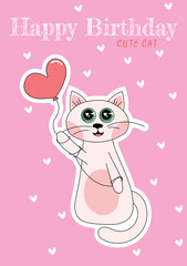 Illustration of a cute cat with hearts on a pink background happy birthday can be used as a card or invitation 