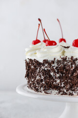 Half of the Black forest cake, Schwarzwald pie, dark chocolate and cherry on a light background. Vegan food, sugar, lactose and gluten free. Vertical orientation.
