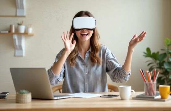 Amazed woman wearing VR glasses enjoying virtual reality experience at work. Businesswoman with VR headset, uses modern tech. Excited by digital innovation, future tech, cyberspace, metaverse.