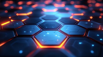 Obraz premium Abstract Hexagon Network Glowing Vividly Blue Orange. AI Generated