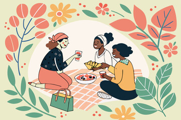 28 Colorful illustration, women gathering, table with food and drinks, friendship, community, floral background, vibrant colors, whimsical style, hand-drawn aesthetic, casual atmosphere, diverse chara