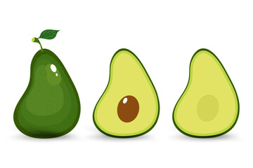 group of avocados features a whole, uncut fruit with a deep green, glossy surface alongside two halves revealing creamy, light-green flesh. vector illustration