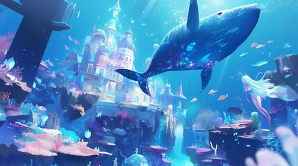 A vibrant underwater scene showcasing a whale swimming past an enchanting underwater city.