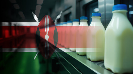 Milk production in the Kenya. A conveyor with bottles of milk symbolizes dairy industry, agriculture, and food supply chain. National economy concept.
