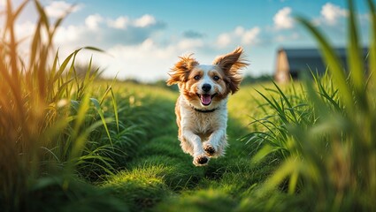 Happy dog runs through a lush green field during a sunny day in the countryside
