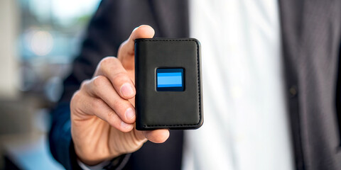 Money income circulation concept. A person holds a sleek wallet with a distinctive logo in a modern setting.