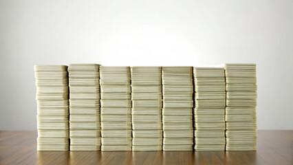 Money income circulation concept. Stacks of neatly organized newspapers on a wooden floor against a plain wall.