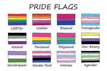 Set of colorful LGBTQ+ pride flags Gender equality and sexual identity pride flags collection LGBTQIA community pride month