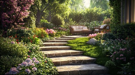 Obraz premium A garden path with stone steps and blooming flowers